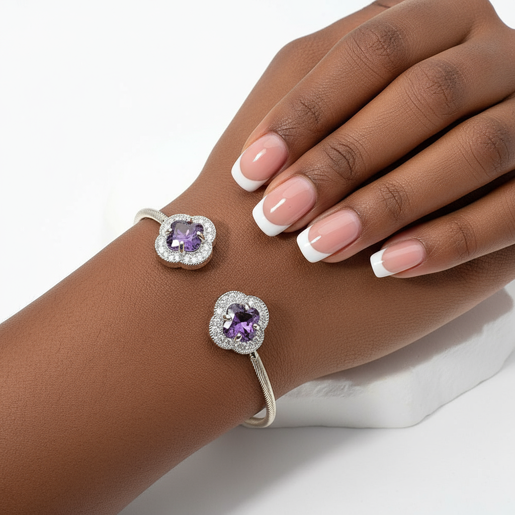 Two-Tone Quatrefoil CZ Open Bangle (Amethyst & Black)
