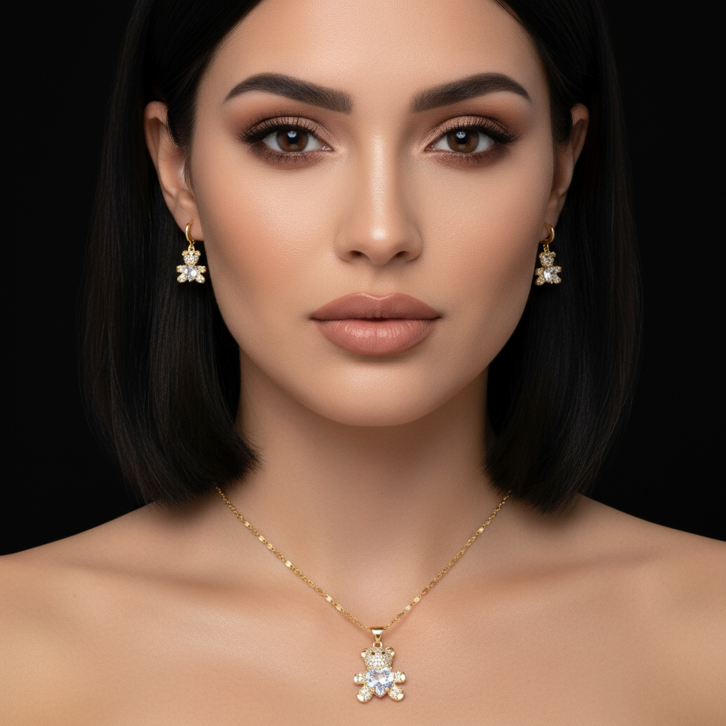 18K Gold-Filled Teddy Bear Heart Pendant Necklace and  Earrings Set