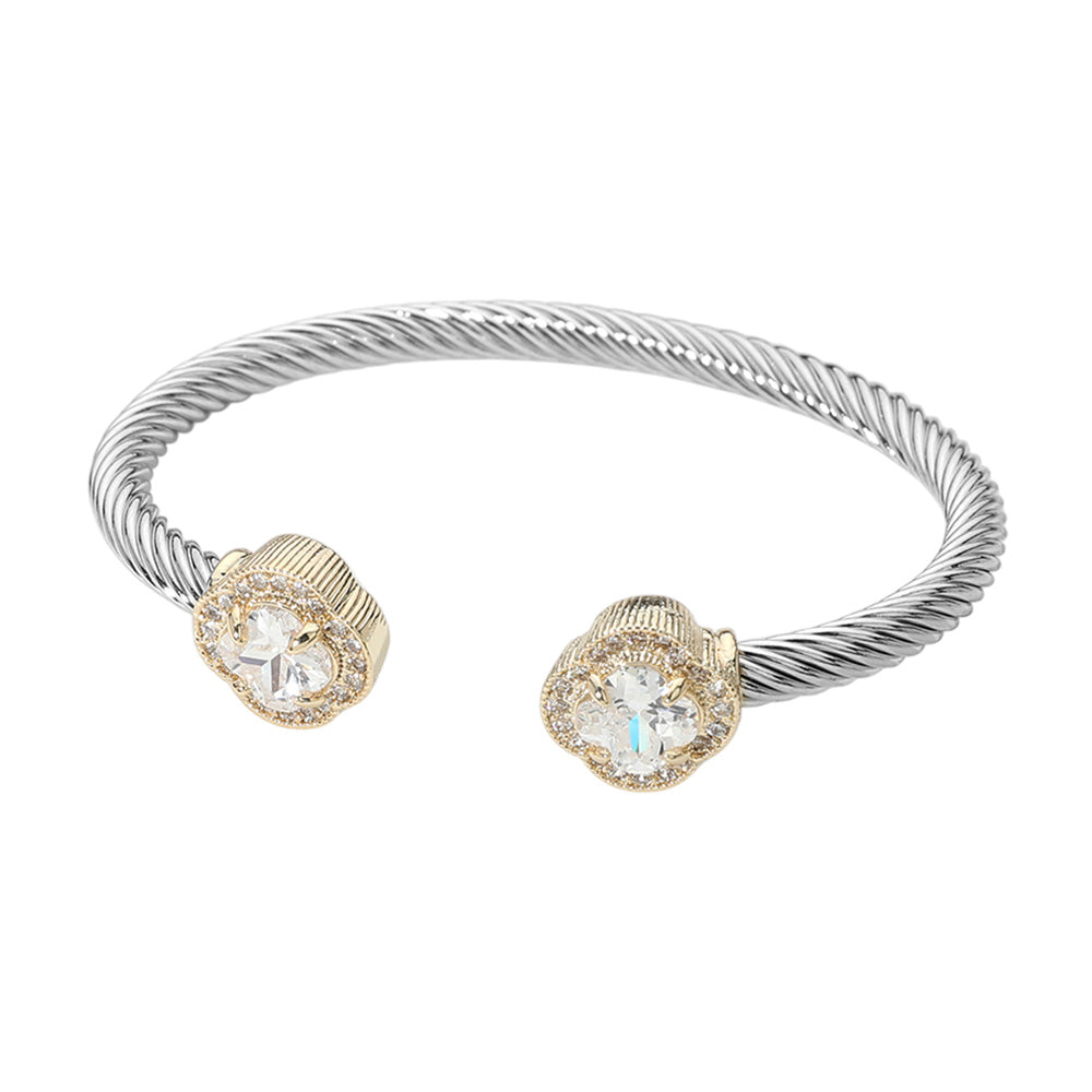 Luxe Quatrefoil Twisted Cable Cuff Two-Tone Stone Tip Bangle