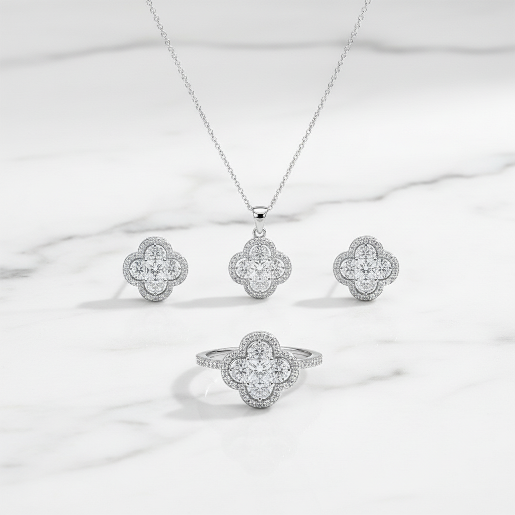 The Ultimate Clear Clover Set | Ring, Necklace & Earring Trio