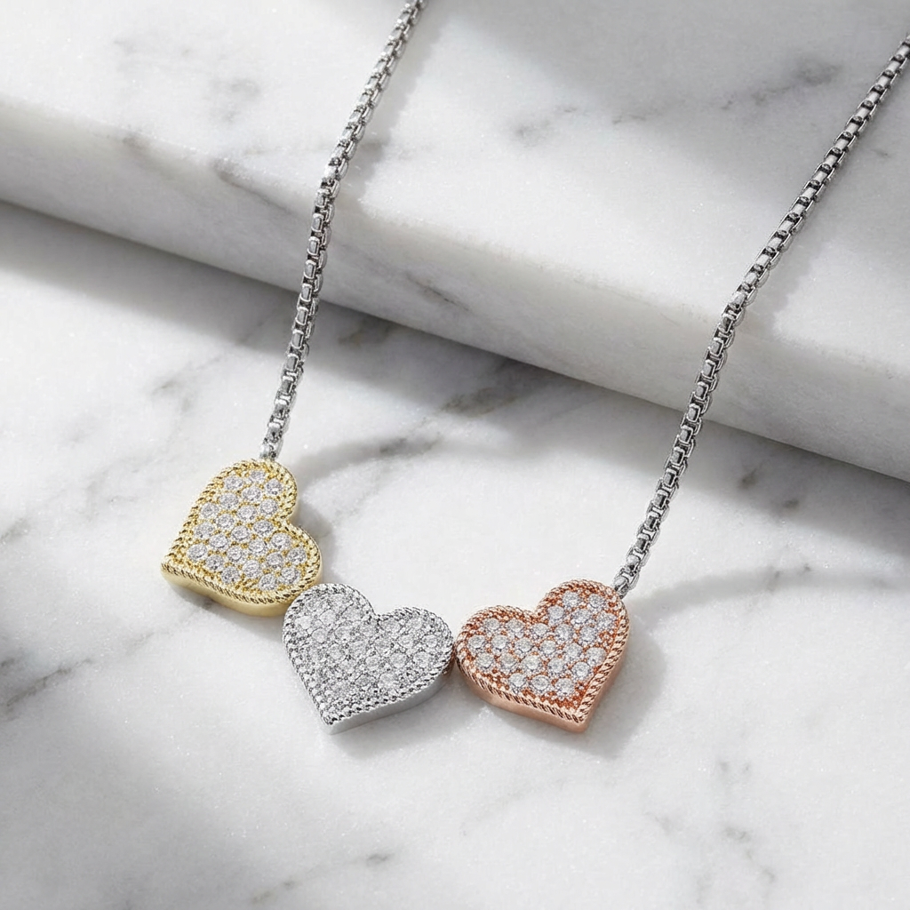 Triple Heart CZ Pavé Necklace 14K Gold Plated Three-Tone
