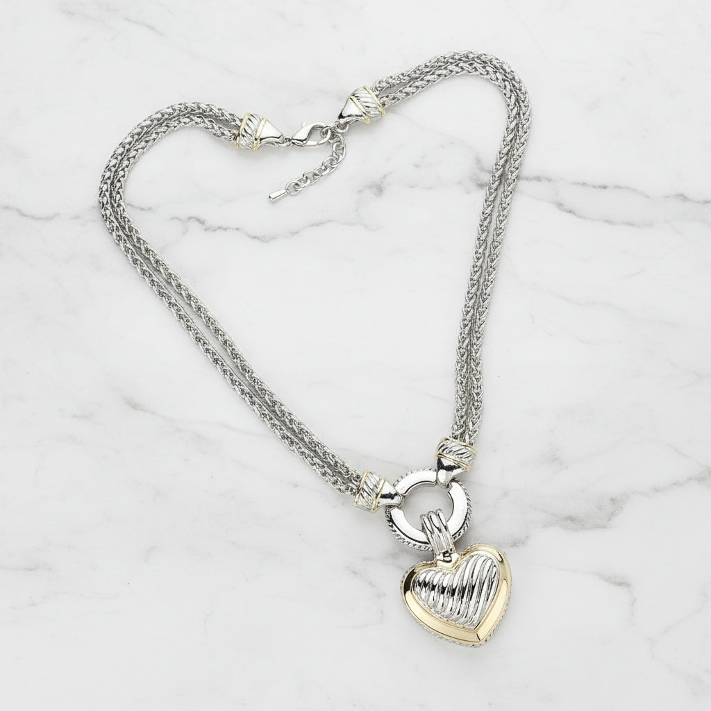 The Interlocking Two-Tone Heart Duo Woven Chain Necklace & Earring Set