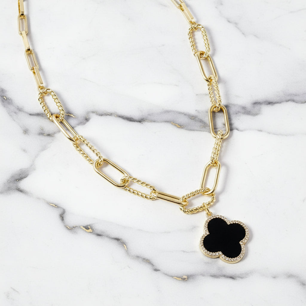 Bold Clover Lariat Paper Clip Necklace | Gold Dipped Quatrefoil Pendant