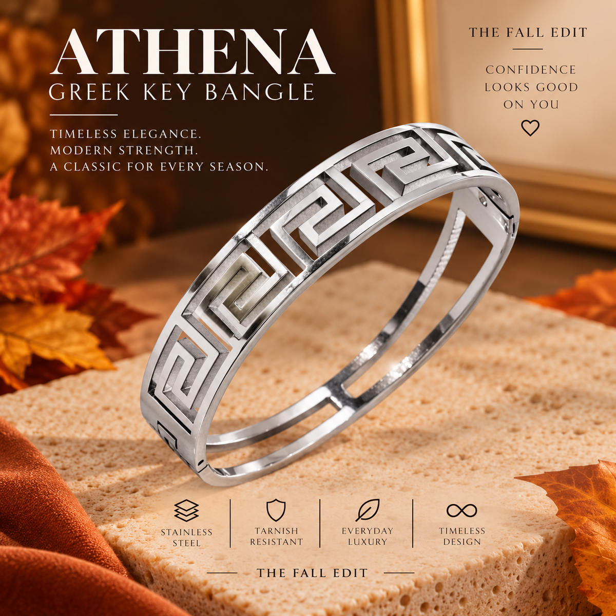 Athena Stainless Steel Greek Key Hinged Bangle