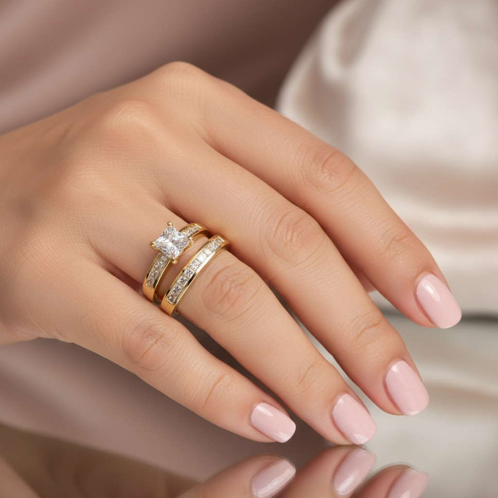 18K Gold-Filled Bridal Style Ring Set | Princess Cut CZ & Channel Band Duo
