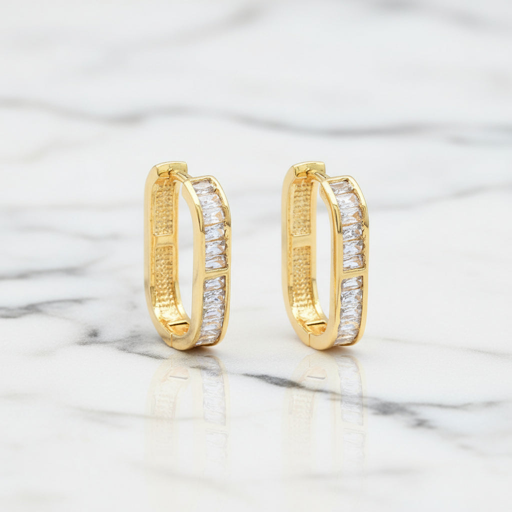 Diamond Dew Baguette Huggie CZ Pavé Hoops with Black Backing