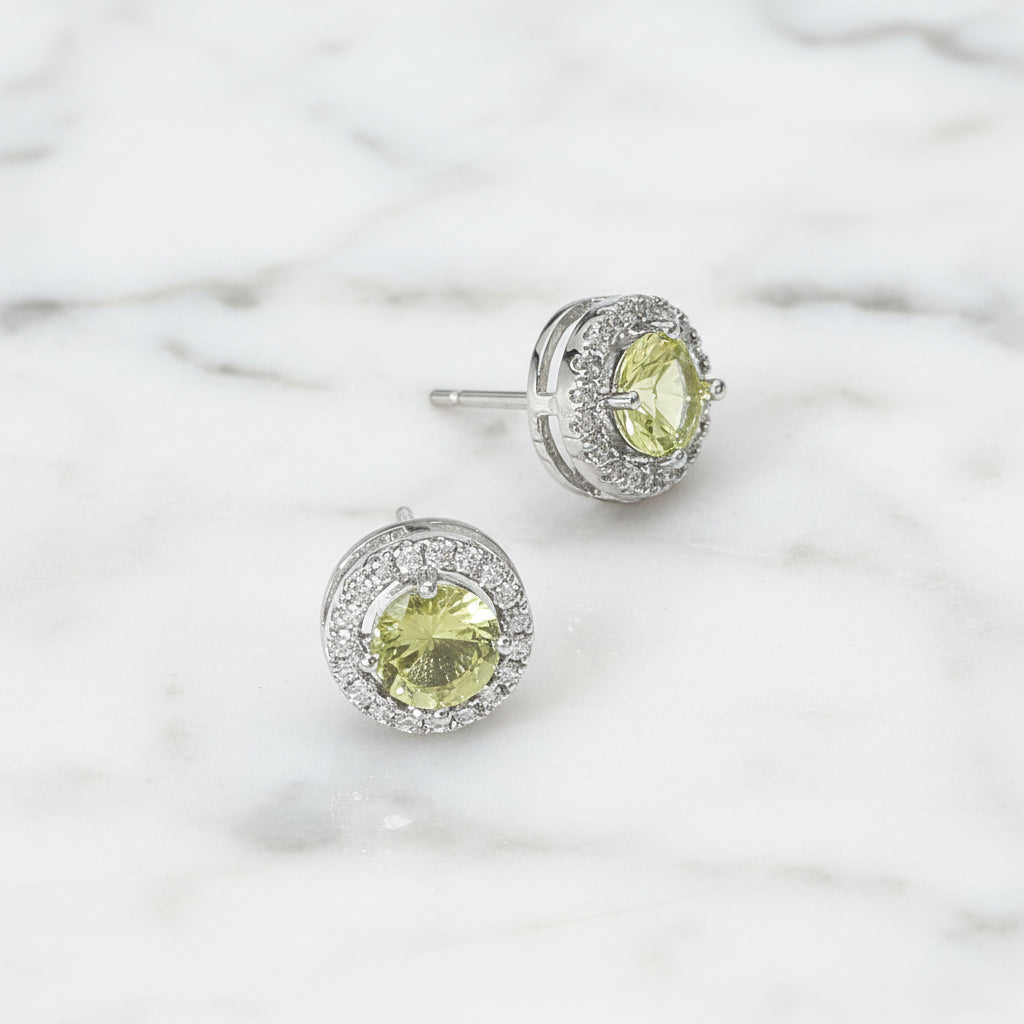 Peridot Halo CZ Stud Earrings – 14K Gold Dipped Sparkle Studs