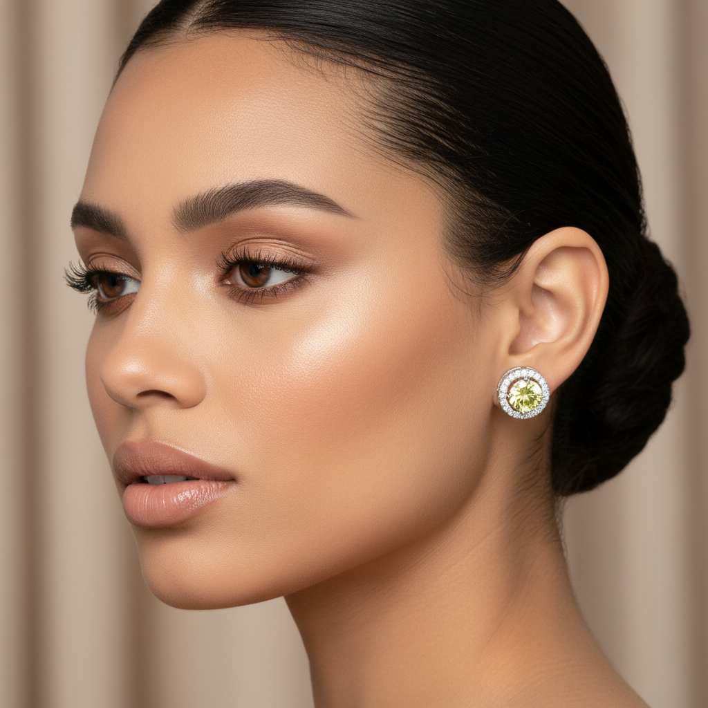 Peridot Halo CZ Stud Earrings – 14K Gold Dipped Sparkle Studs