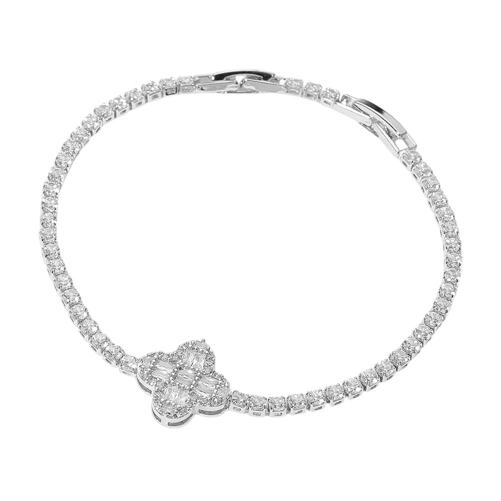 Dazzling Clover Baguette Stone Cluster Tennis Chain Bracelet