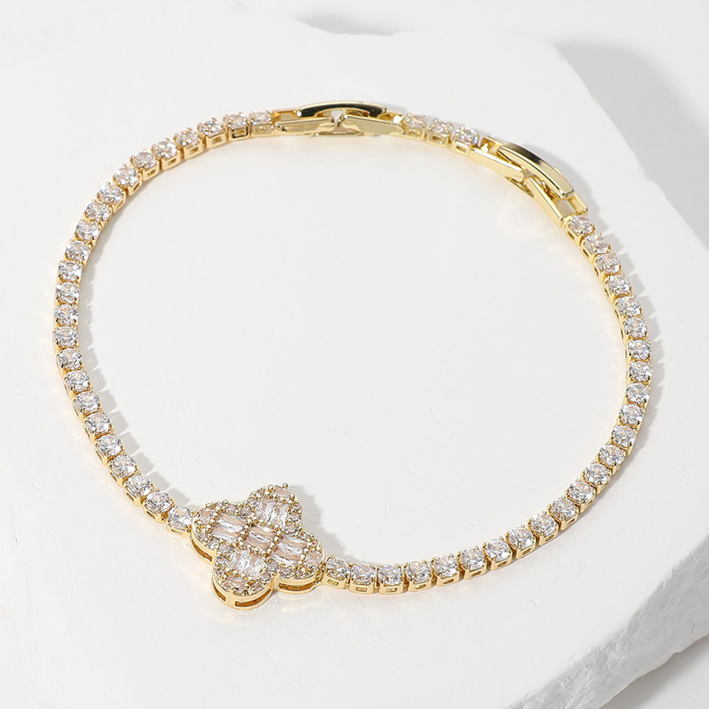 Dazzling Clover Baguette Stone Cluster Tennis Chain Bracelet