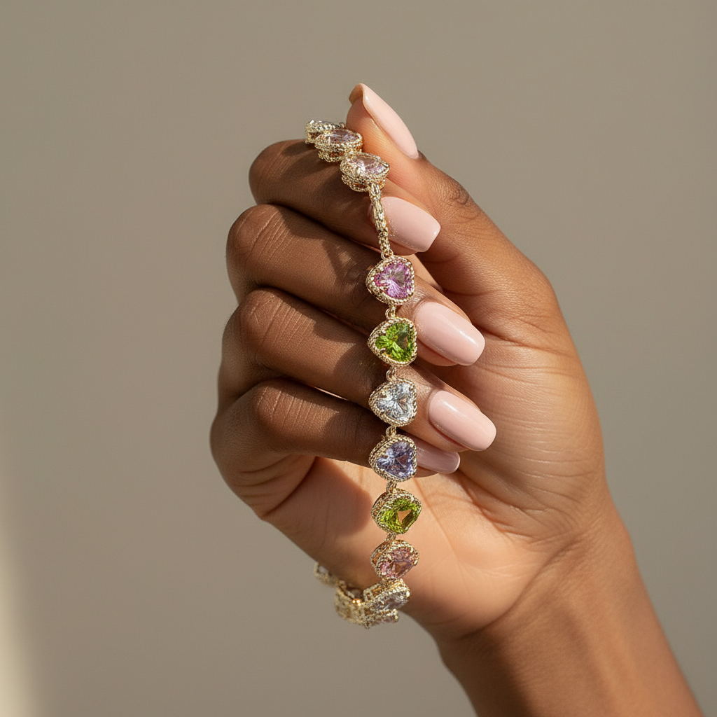 Multicolor Pavé Heart Toggle Bracelet 14K Gold Plated CZ Link