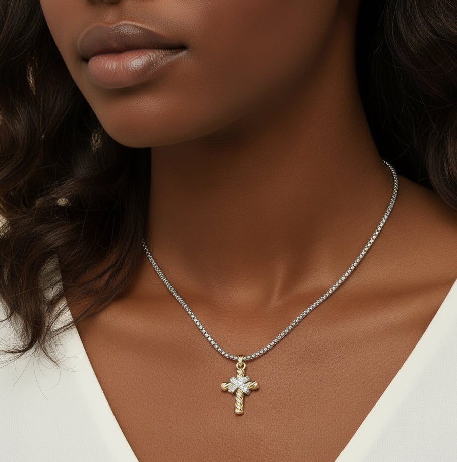 Two-Tone 14K Gold Plated Rope Twist Cross CZ Necklace