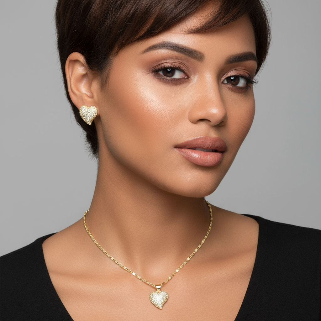 18K Gold-Filled Pavé Heart Set | Dainty CZ Necklace & Stud Earrings