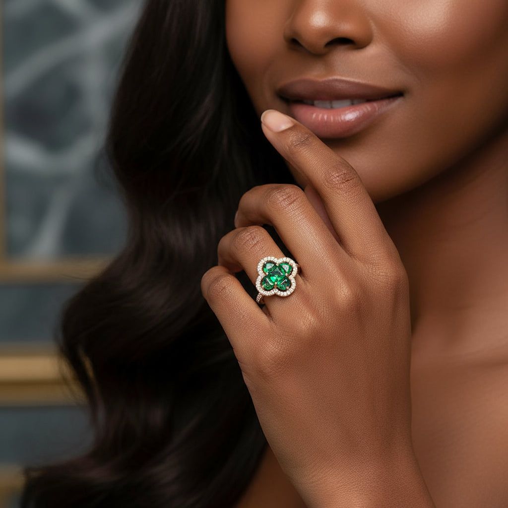 Emerald Clover CZ Pavé Adjustable Ring Gold Dipped