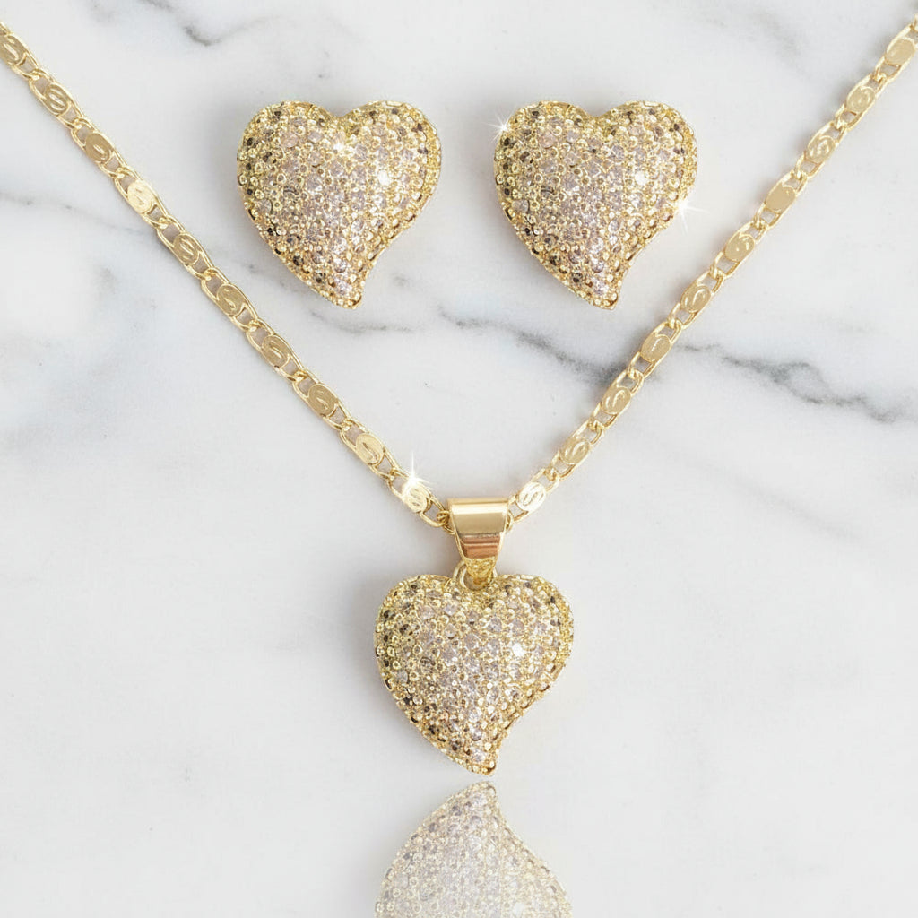 18K Gold-Filled Pavé Heart Set | Dainty CZ Necklace & Stud Earrings