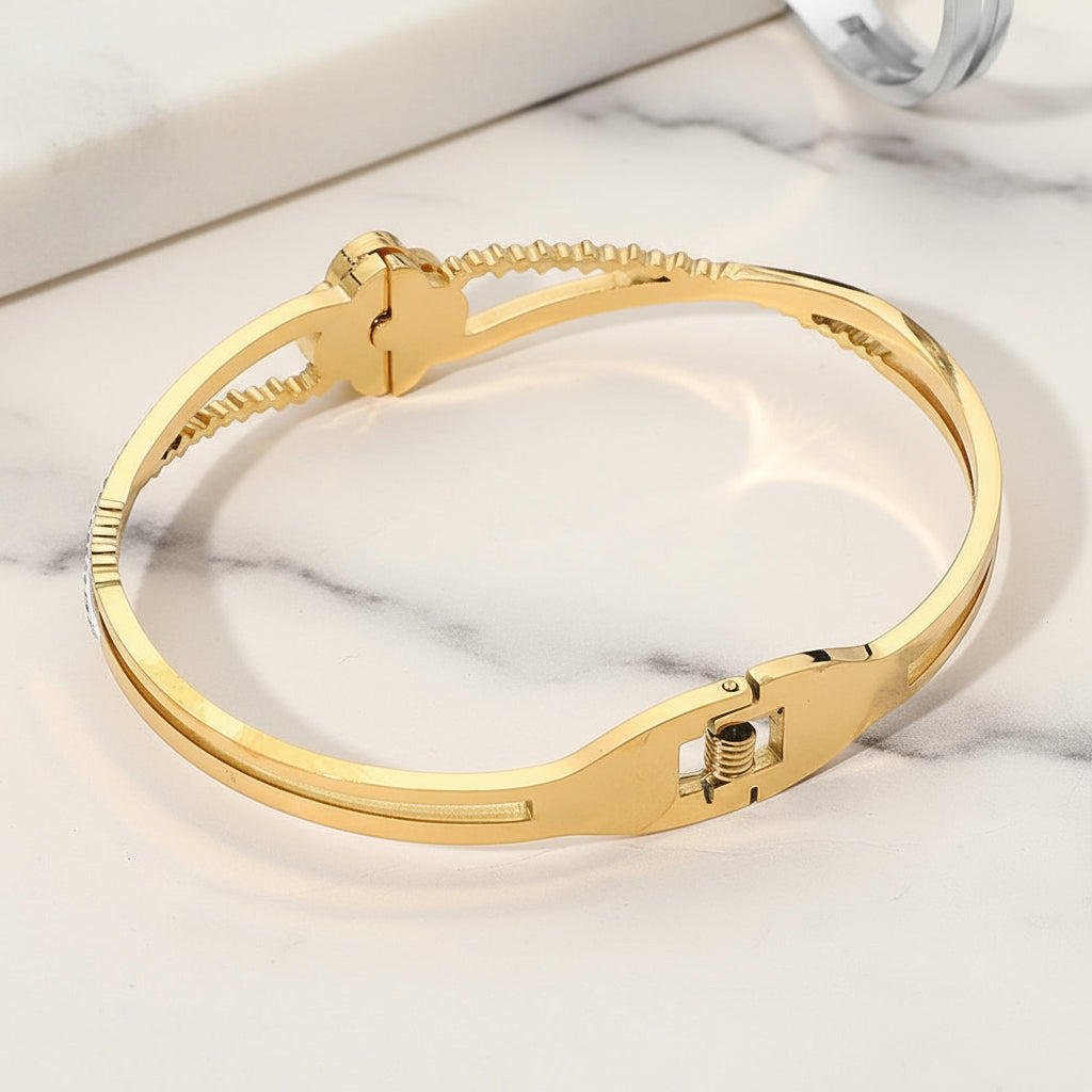 Mena Clover Stone Paved Stainless Steel Hinged Bangle