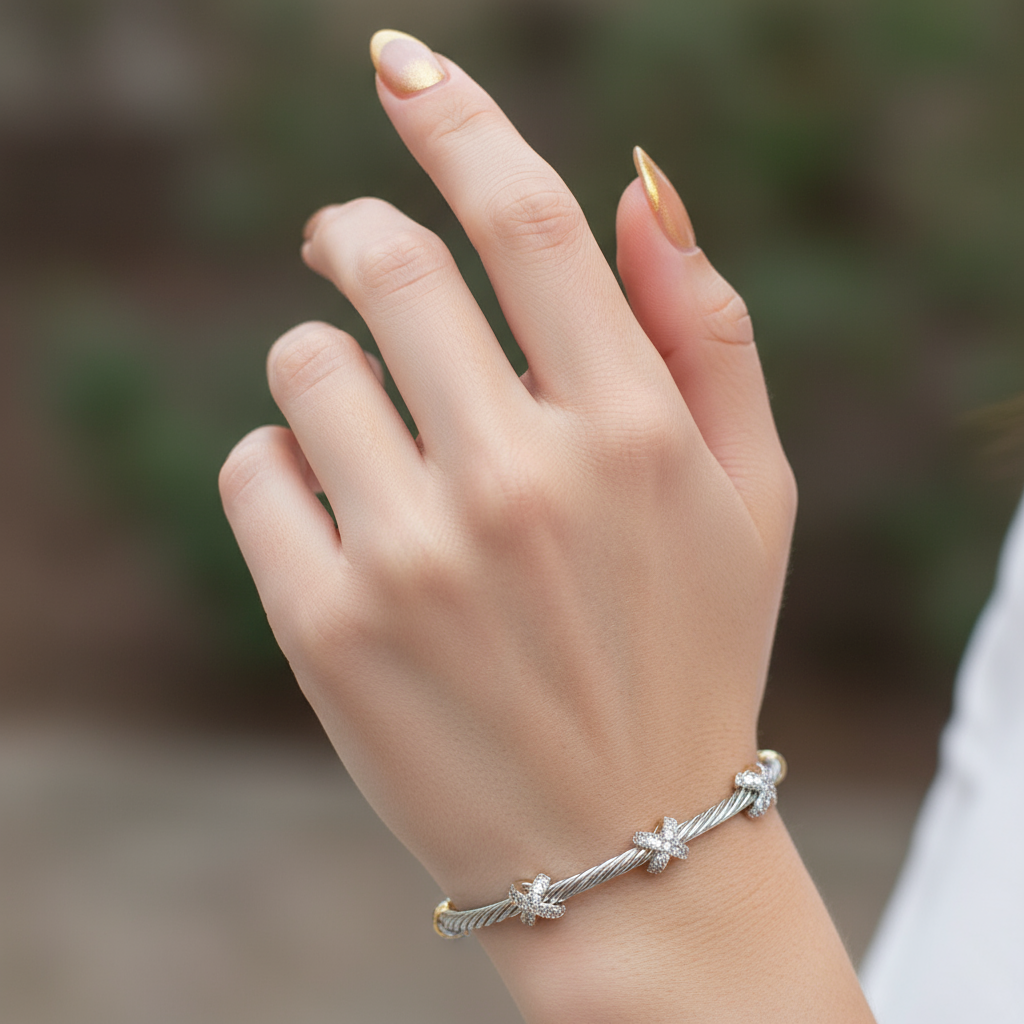 Two-Tone Cable Crisscross Bangle Luxe Pavé Knot Magnetic Bracelet