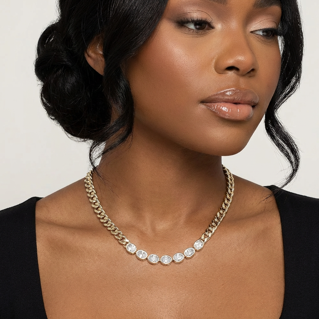 Monarch Bezel Curb Chain Necklace 14K Gold Plated CZ Link