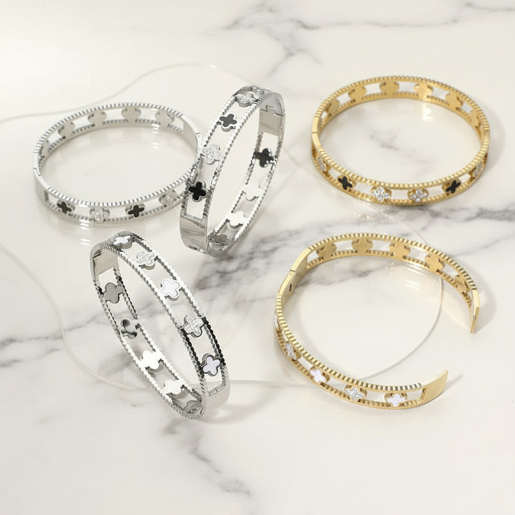 Lucky Bloom Stainless Steel Hinged Bangle Bracelet