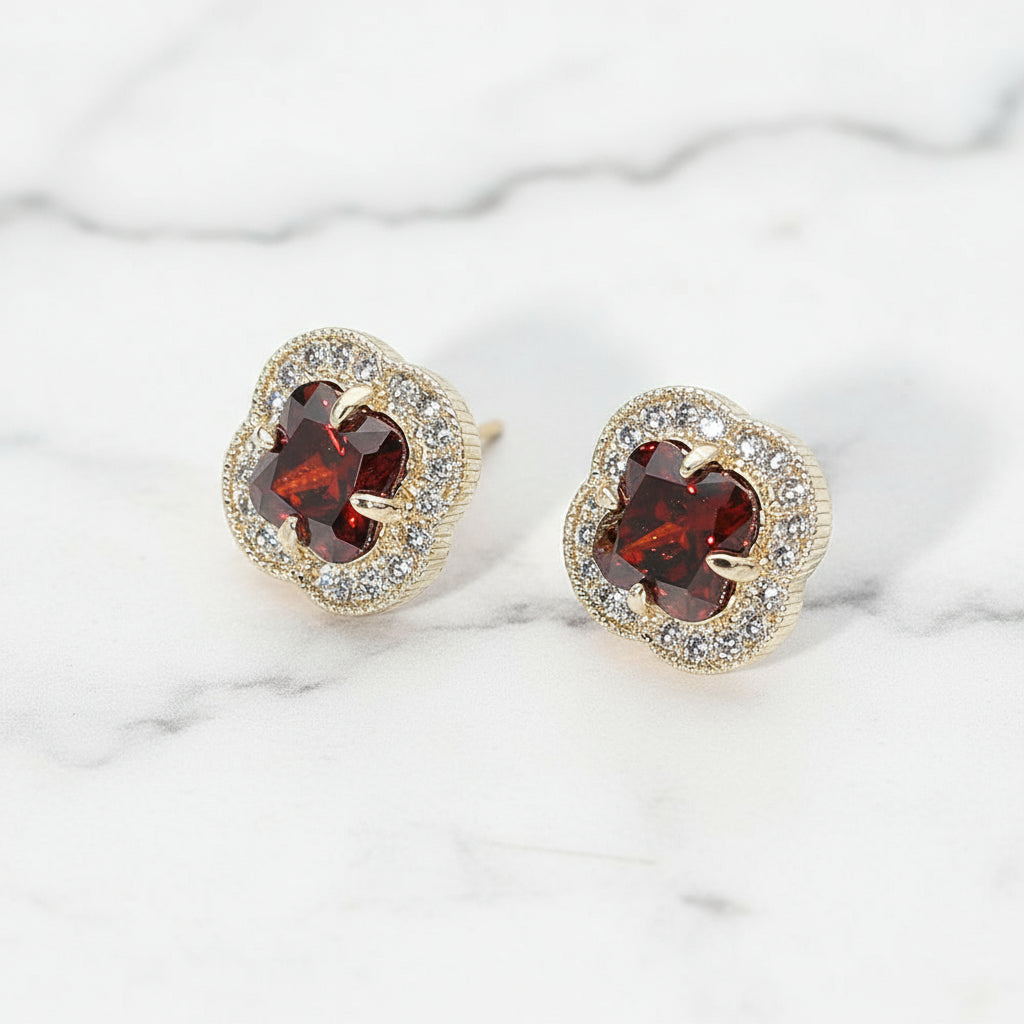 Garnet Clover Pavé Earrings 14K Gold Plated Quatrefoil CZ