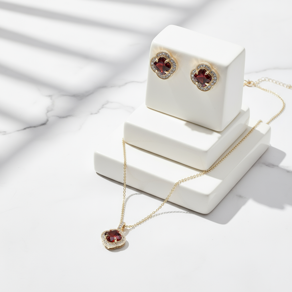Garnet Clover Pavé Set 14K Gold Plated Quatrefoil CZ