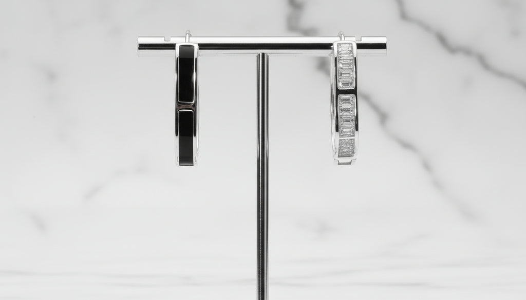 Diamond Dew Baguette Huggie CZ Pavé Hoops with Black Backing