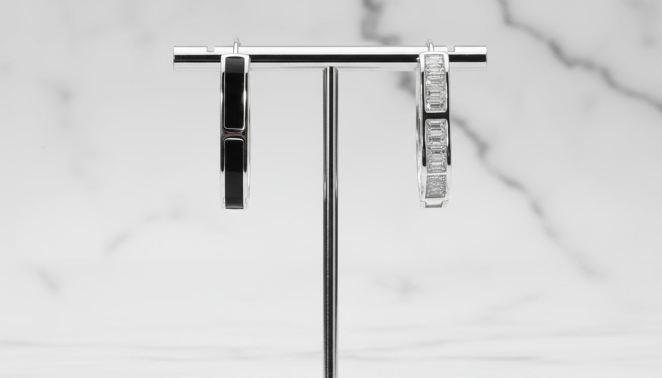 Diamond Dew Baguette Huggie CZ Pavé Hoops with Black Backing