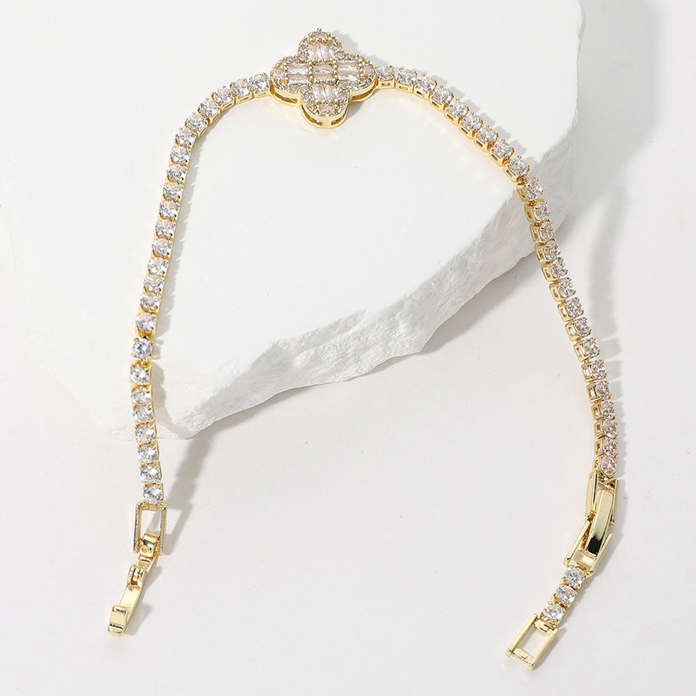 Dazzling Clover Baguette Stone Cluster Tennis Chain Bracelet