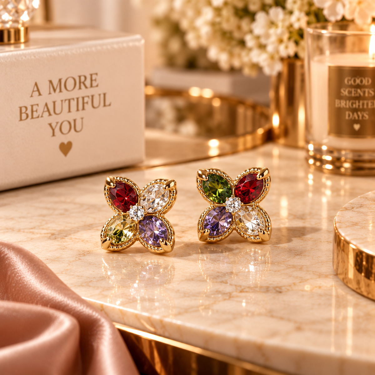 Aurora Clover Pavé Stud Earrings Gold Dipped CZ Flower Earrings