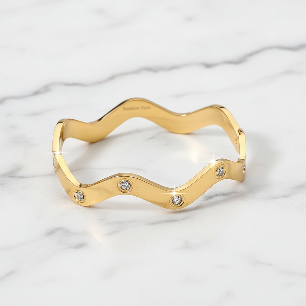 Wavy Ribbed Stainless Steel Bangle | Gold & Silver Wave Design with CZ