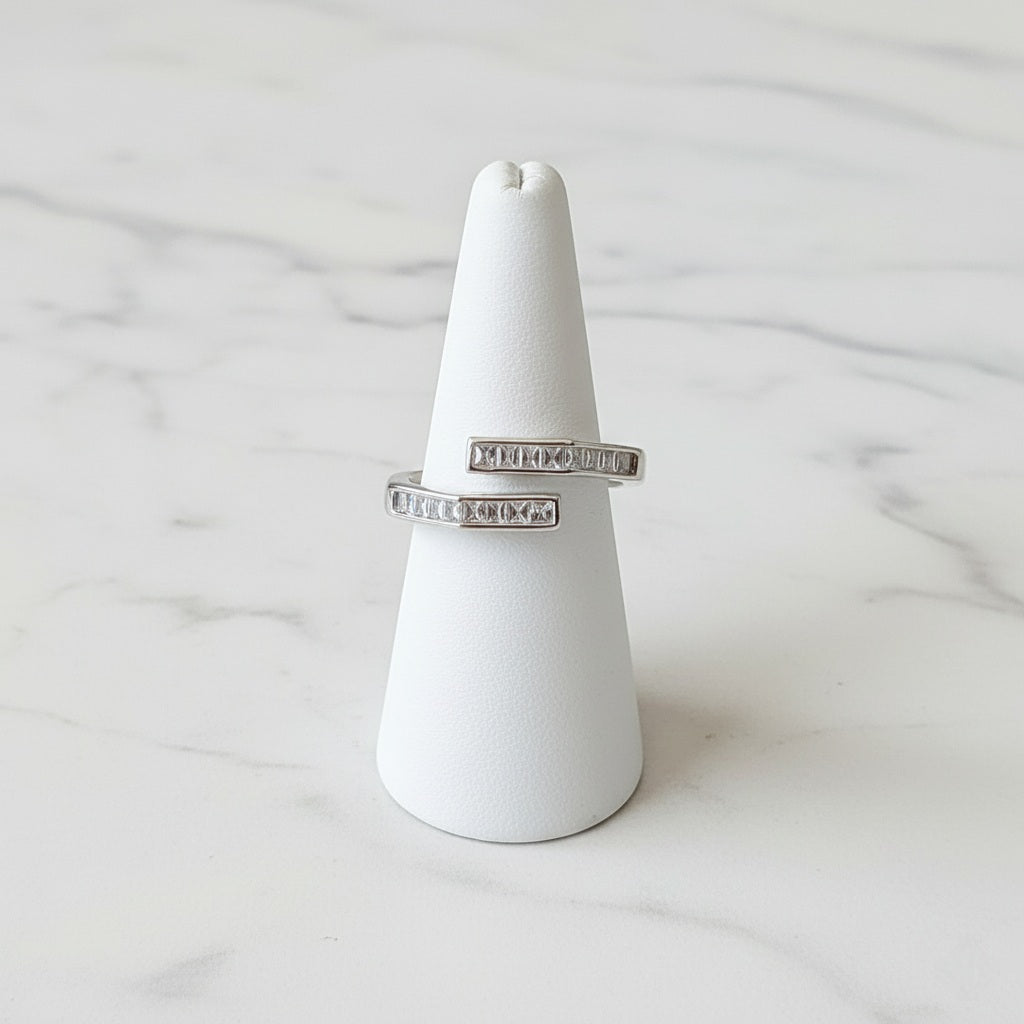 CZ Baguette Open Wrap Ring | Rhodium Plated Adjustable