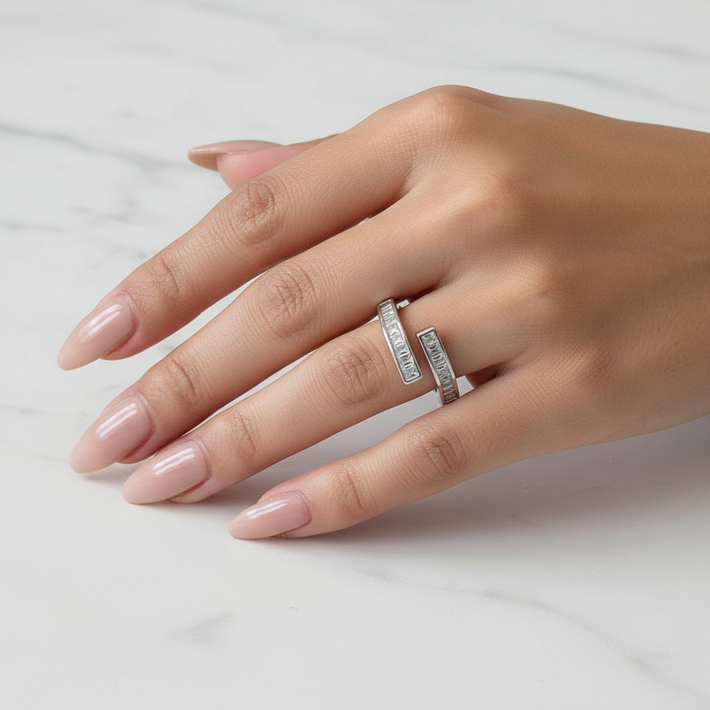 CZ Baguette Open Wrap Ring | Rhodium Plated Adjustable