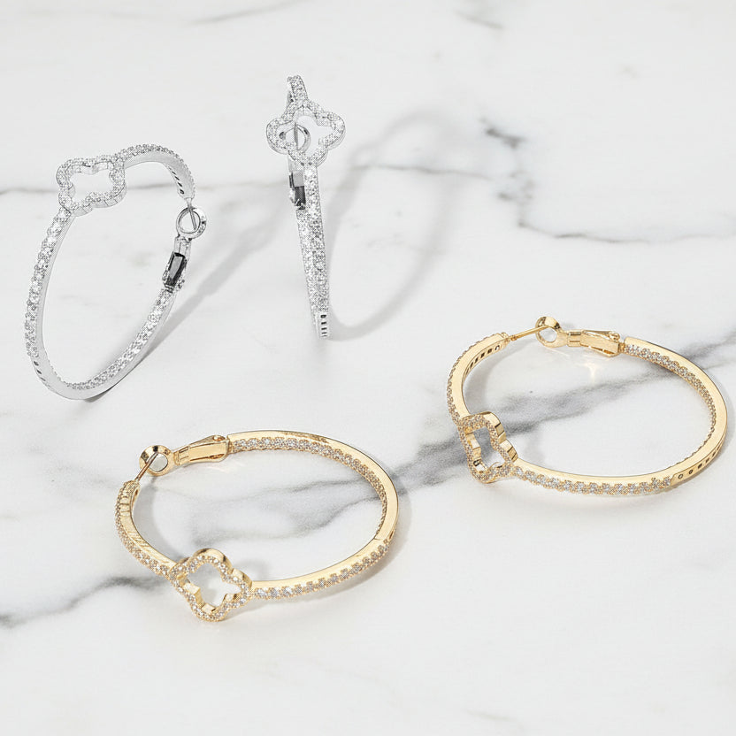 Solenne Pavé Quatrefoil Hoop Earrings | Gold CZ Hoops