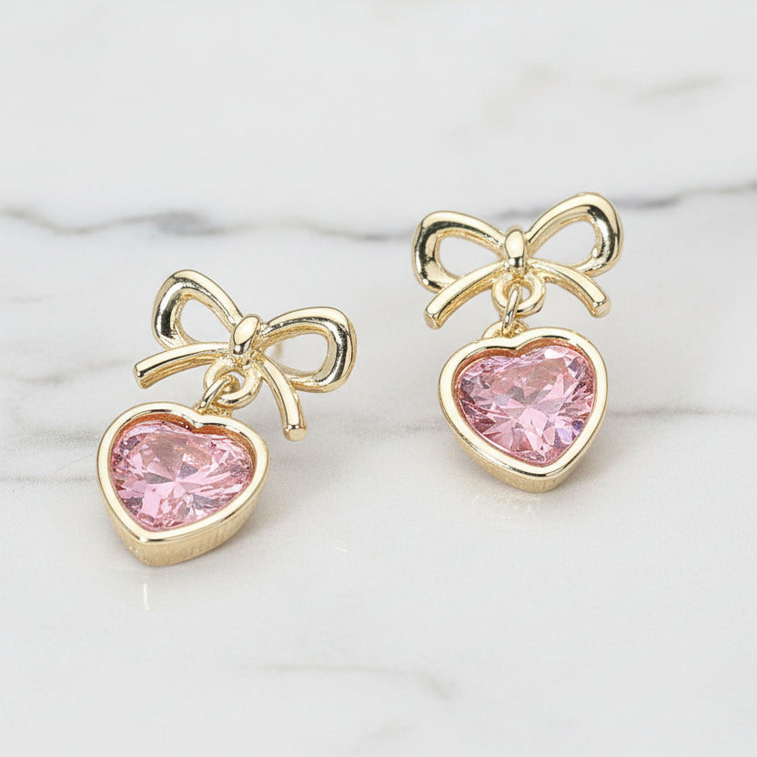 Rosé Charm Bow Heart Dangle Earrings | Pink CZ