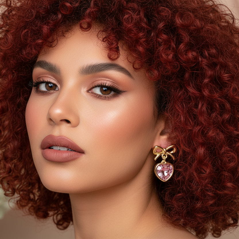 Rosé Charm Bow Heart Dangle Earrings | Pink CZ