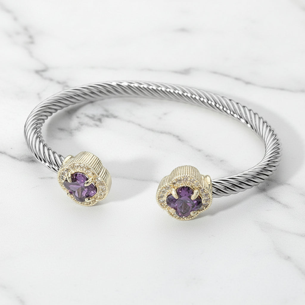 Luxe Quatrefoil Twisted Cable Cuff Two-Tone Stone Tip Bangle