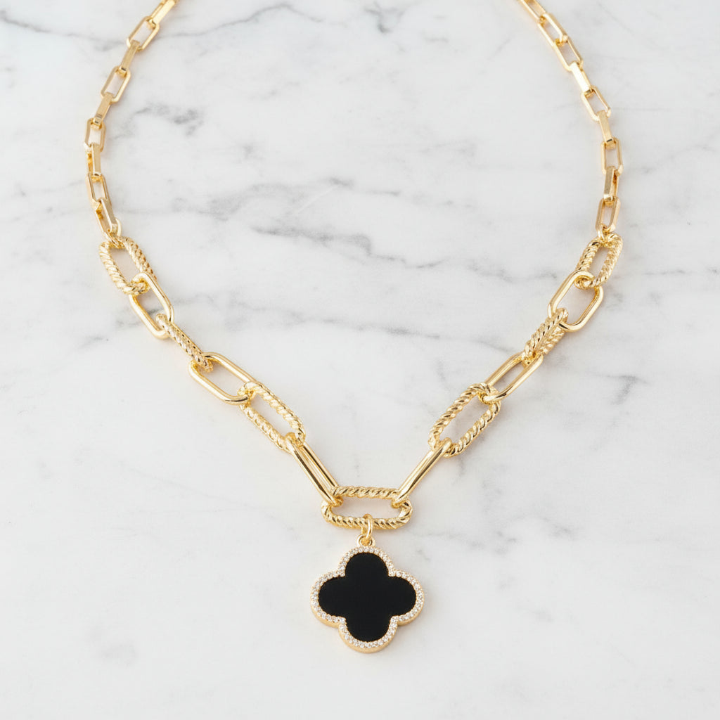 Bold Clover Lariat Paper Clip Necklace | Gold Dipped Quatrefoil Pendant