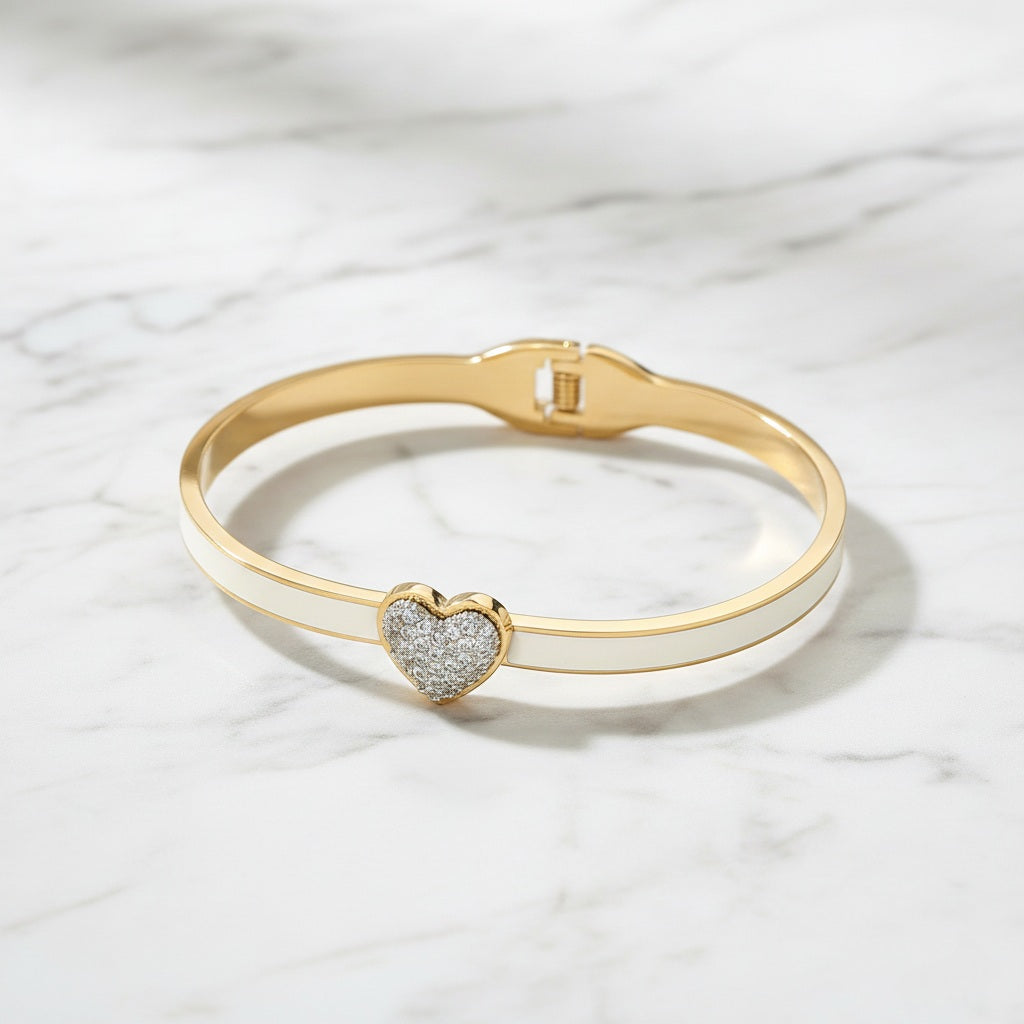 Amour Pavé Heart Bangle Stainless Steel CZ Accent