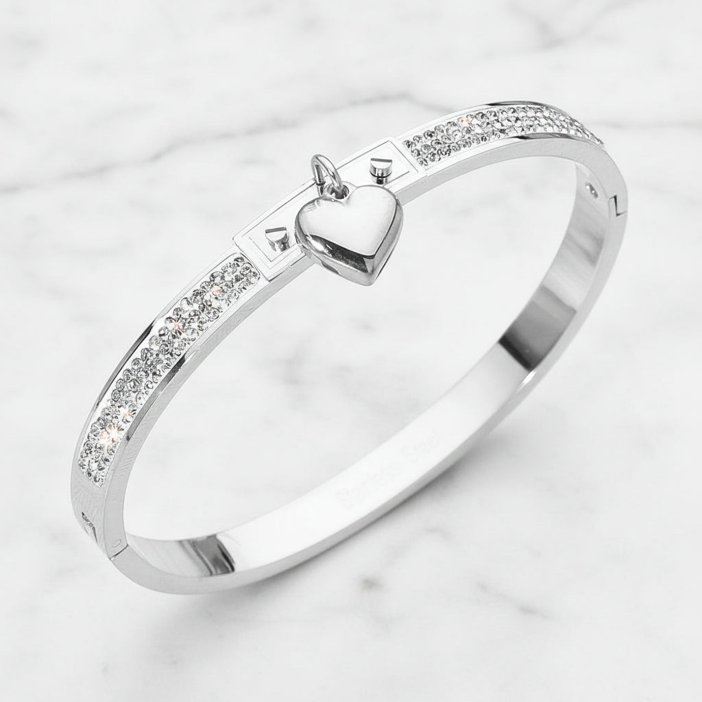 Kara Charm CZ Hinged Bangle Bracelet Stainless Steel
