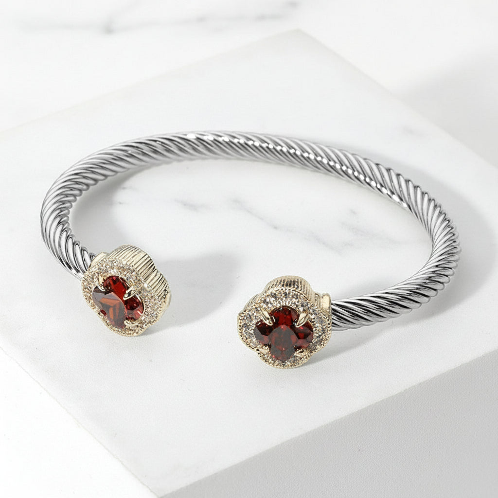 Luxe Quatrefoil Twisted Cable Cuff Two-Tone Stone Tip Bangle