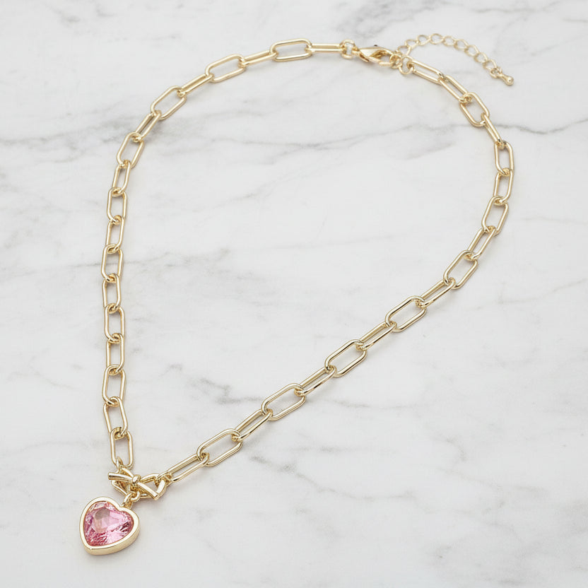Rosé Charm Bow Heart Necklace | Gold Pink CZ Pendant