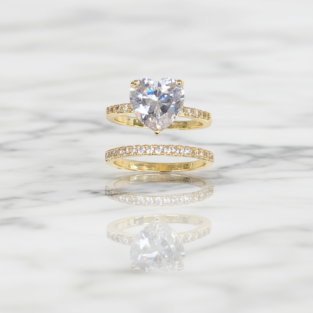 18K Gold-Filled Heart Cut Engagement Ring Set | Pavé CZ Band Duo