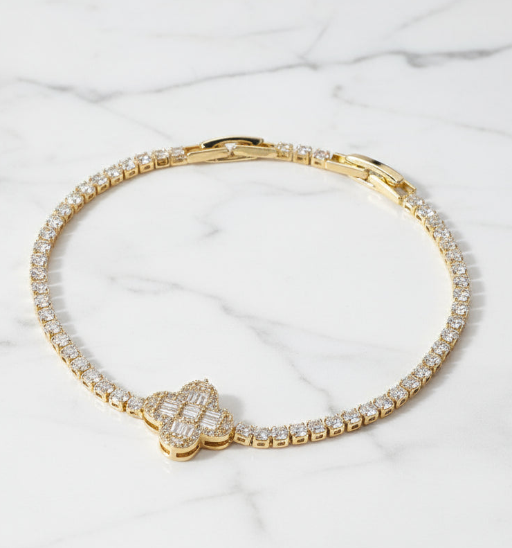 Dazzling Clover Baguette Stone Cluster Tennis Chain Bracelet