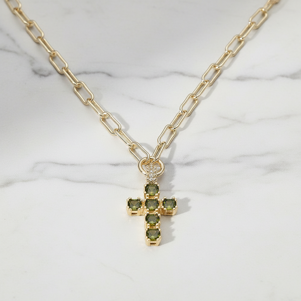 CZ Cross Paperclip Chain Necklace