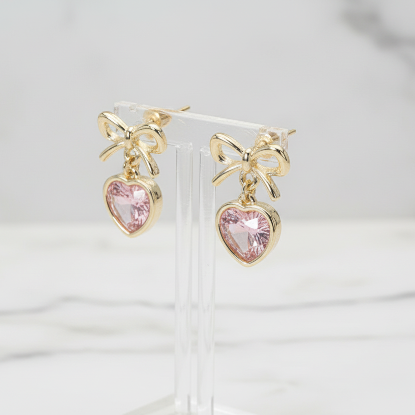 Rosé Charm Bow Heart Dangle Earrings | Pink CZ
