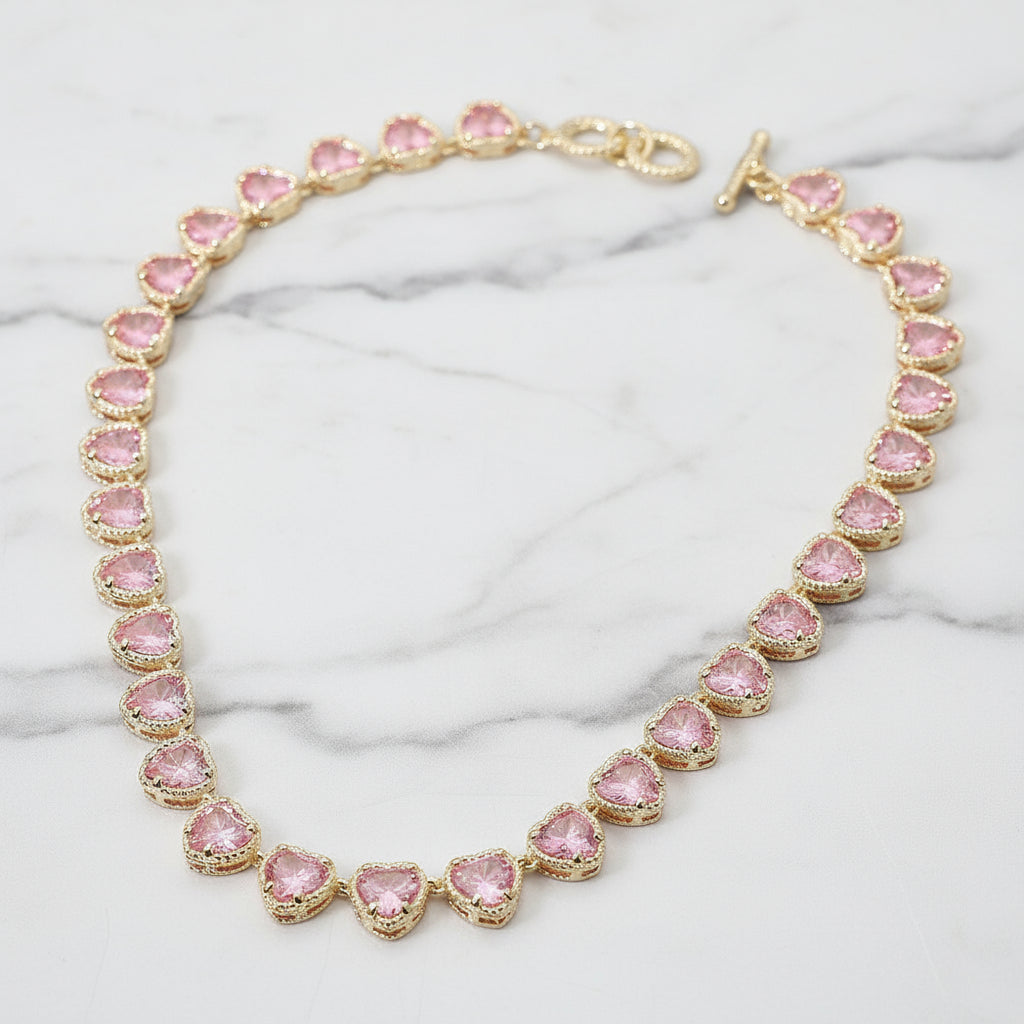 Pink Pavé Heart Tennis Choker 14K Gold Plated Heart Stone Link Necklace