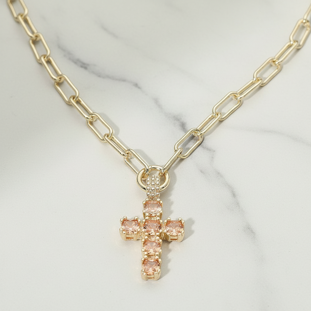 CZ Cross Paperclip Chain Necklace