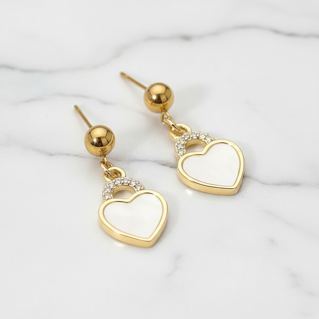 Love Always Heart Lock Dangle Stainless Steel Mother of Pearl Earrings