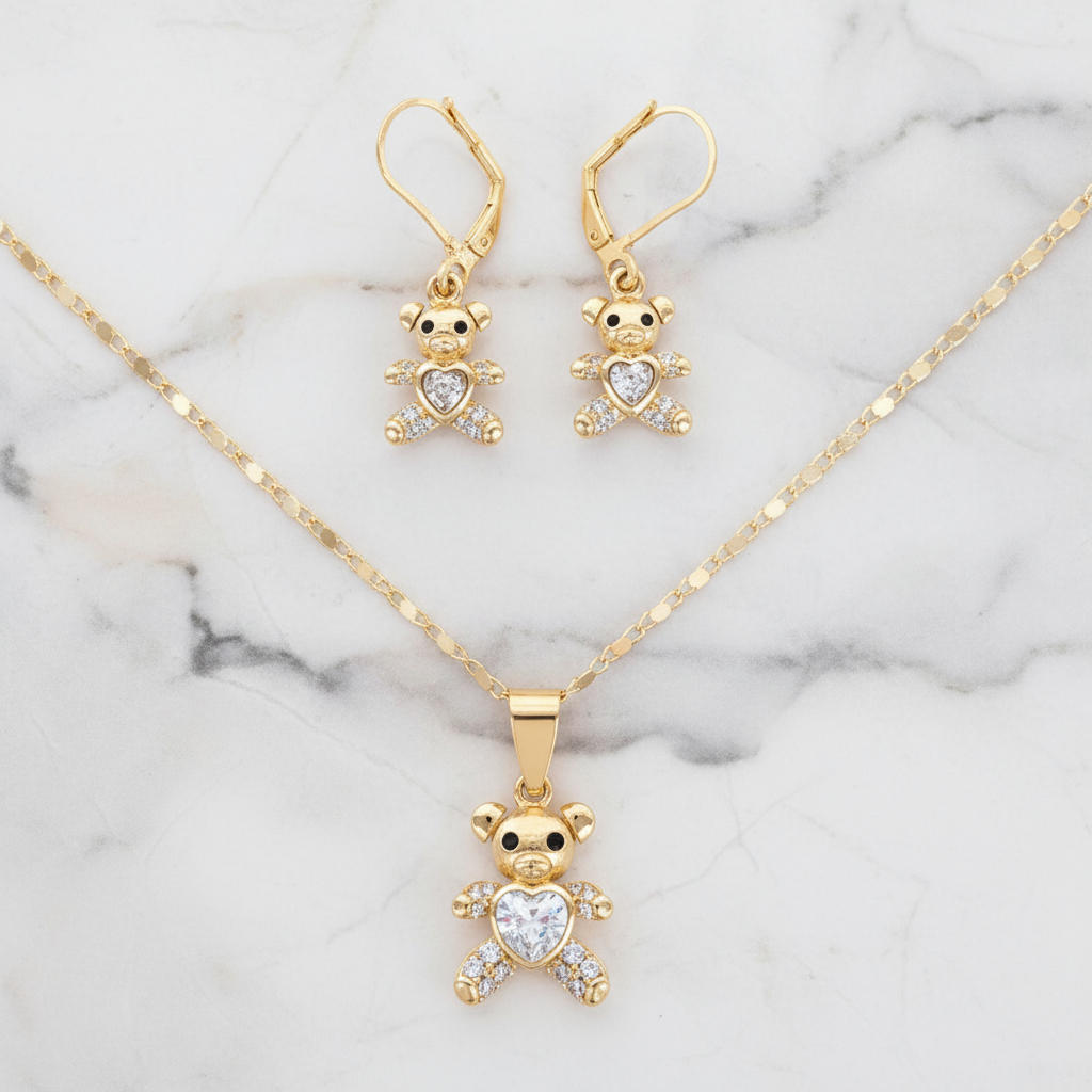 18K Gold-Filled Teddy Bear Charm Set | Pavé CZ Heart Necklace & Earrings