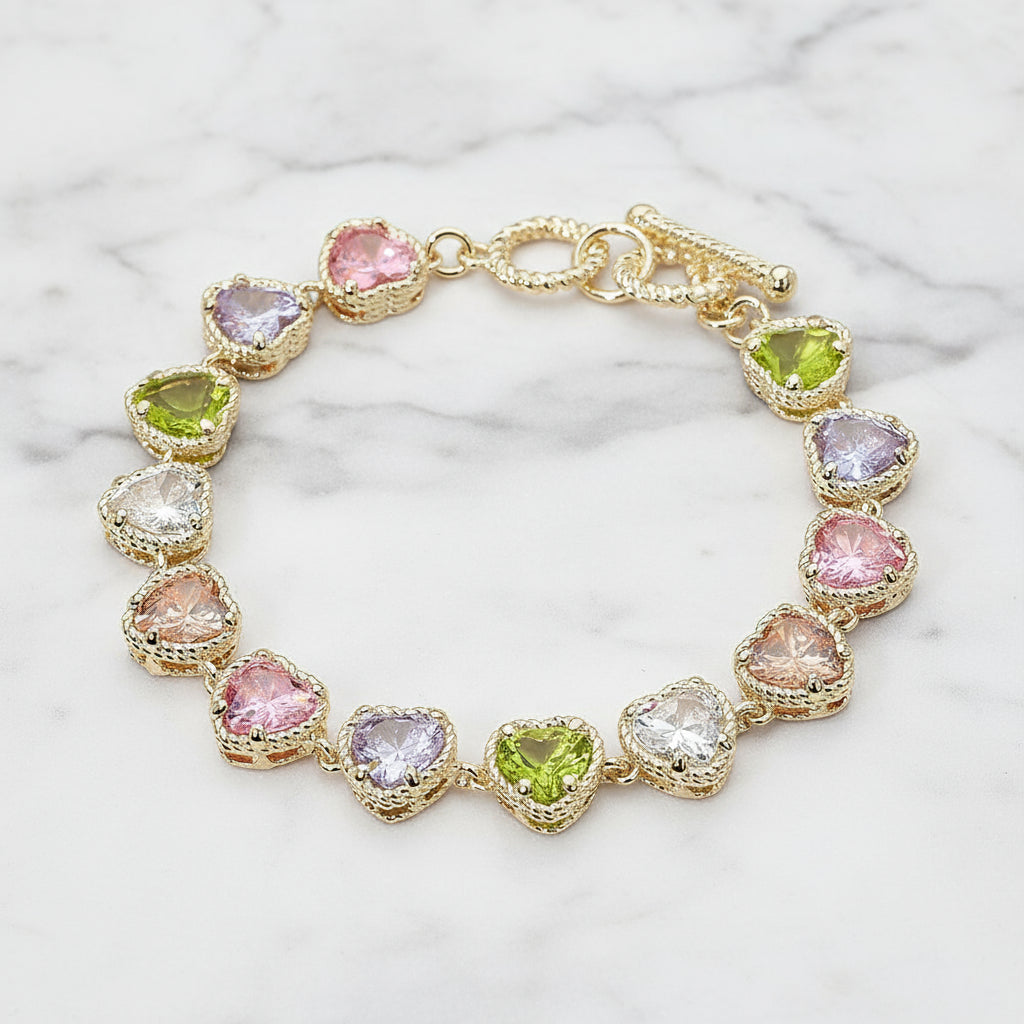 Multicolor Pavé Heart Toggle Bracelet 14K Gold Plated CZ Link